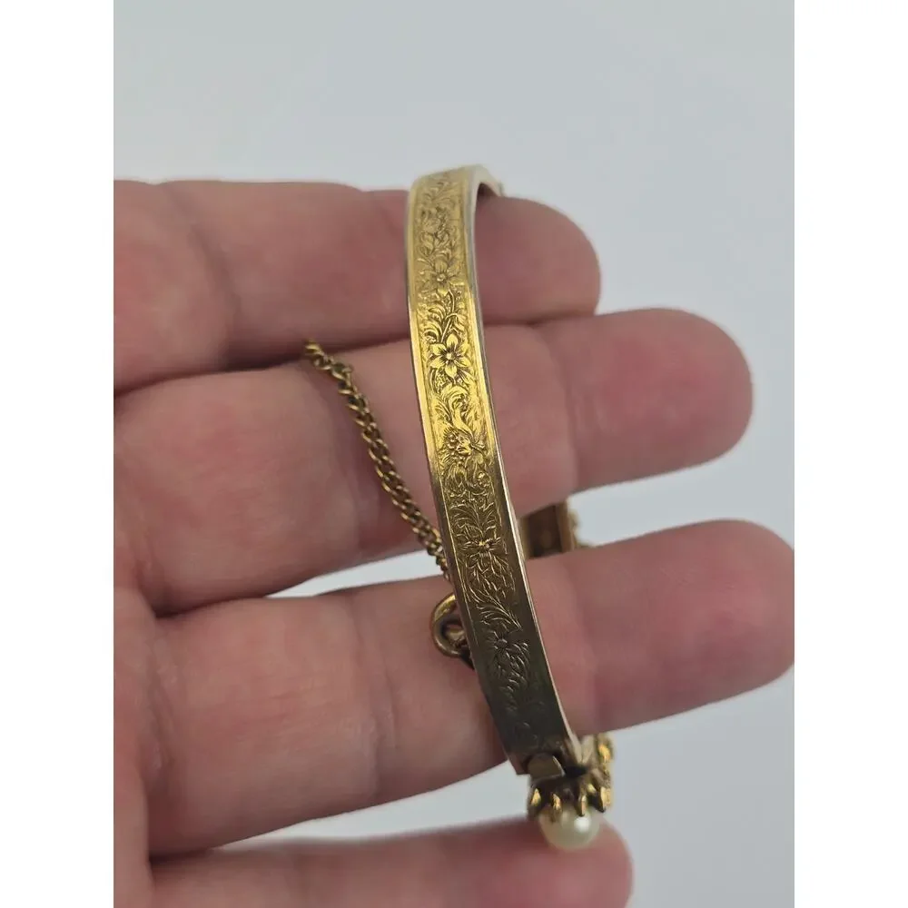 Vintage Florenza gold tone pearl clamp bracelet w/ etched design size 6.75